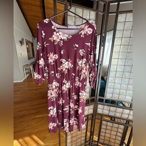 French Grey Burgundy Floral Long Sleeve Dress